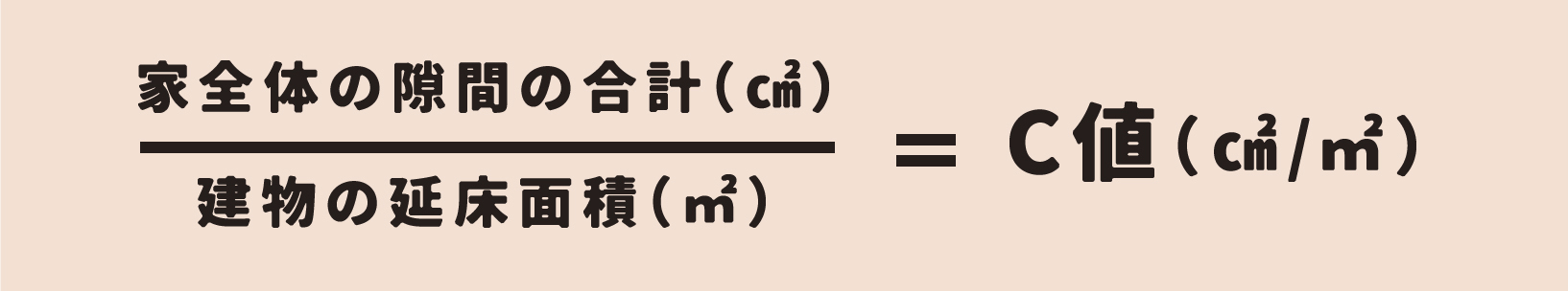 家全体の隙間の合計（㎠）／建物の延床面積（㎡）=C値（㎠/㎡）